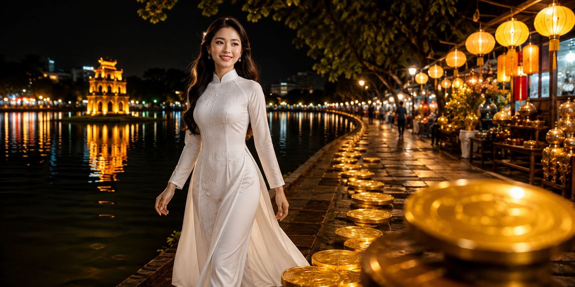 Người dùng Hà Nội tra cứu ưu đãi tiền thưởng trên điện thoại khi mặc áo dài